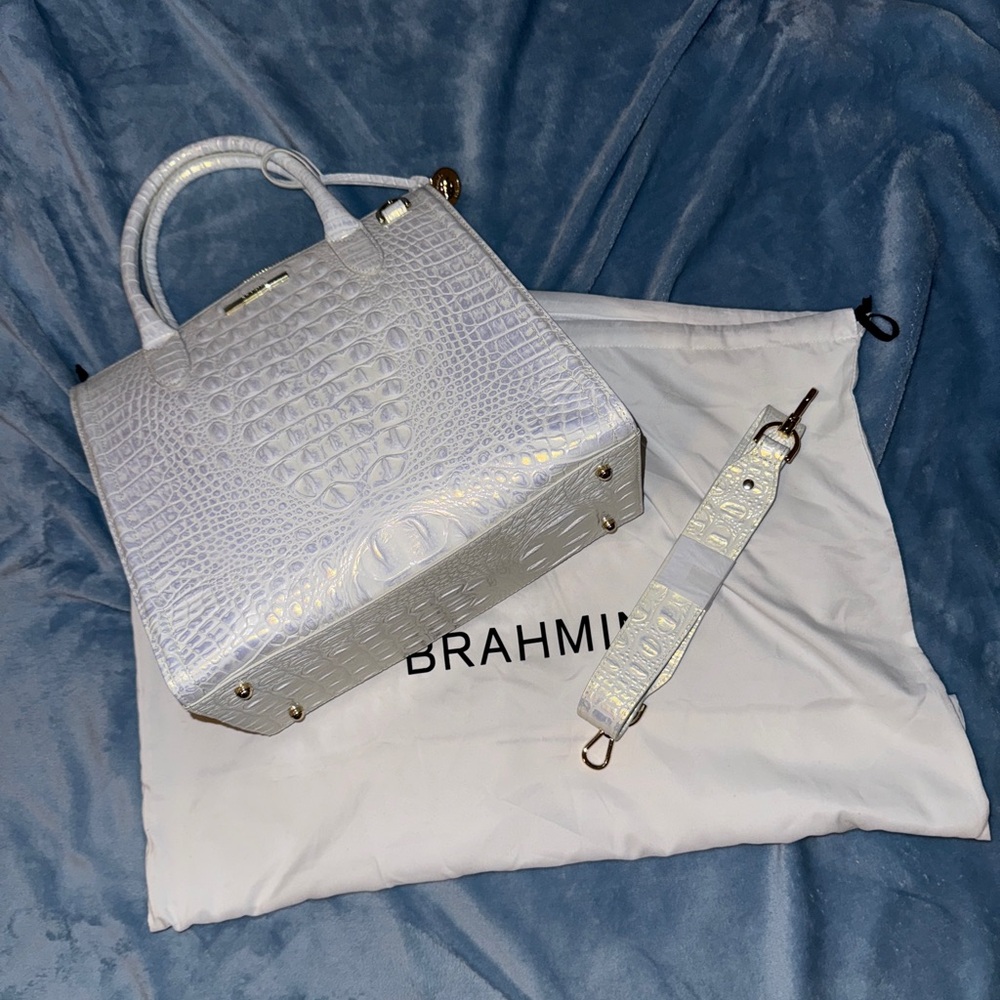 Brahmin Caroline White Embossed Leather Satchel